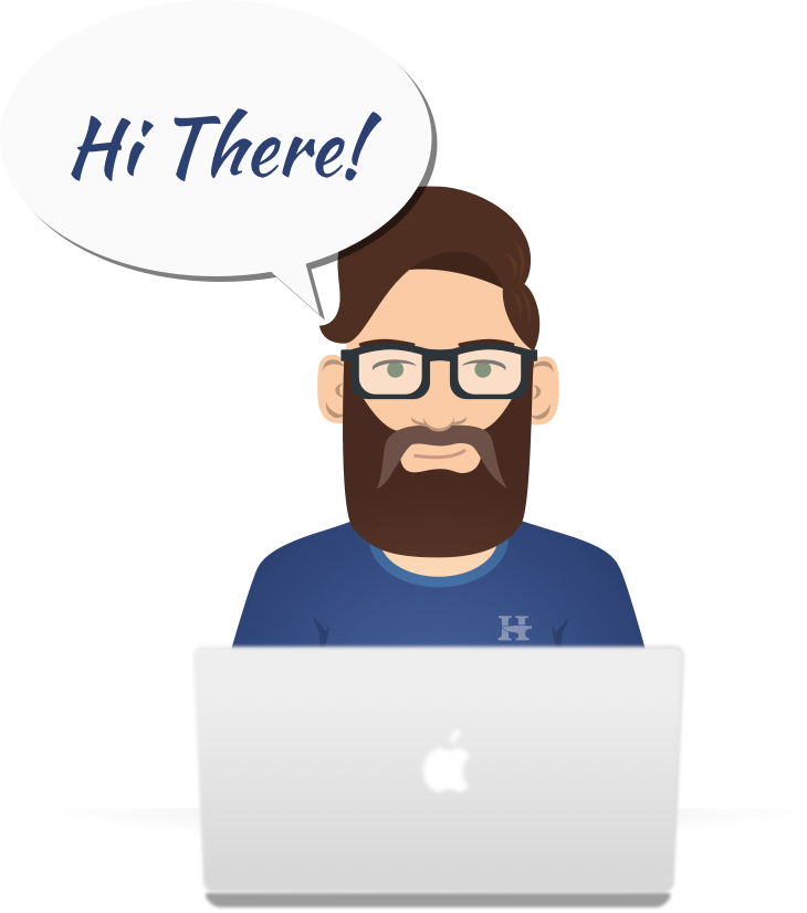 Sam (Cartoon), sitting at his laptop.
